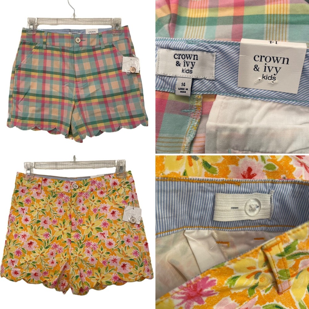 Crown and Ivy Kids Scalloped Girls Shorts Size 14 Adjustable Waist Plaid Floral